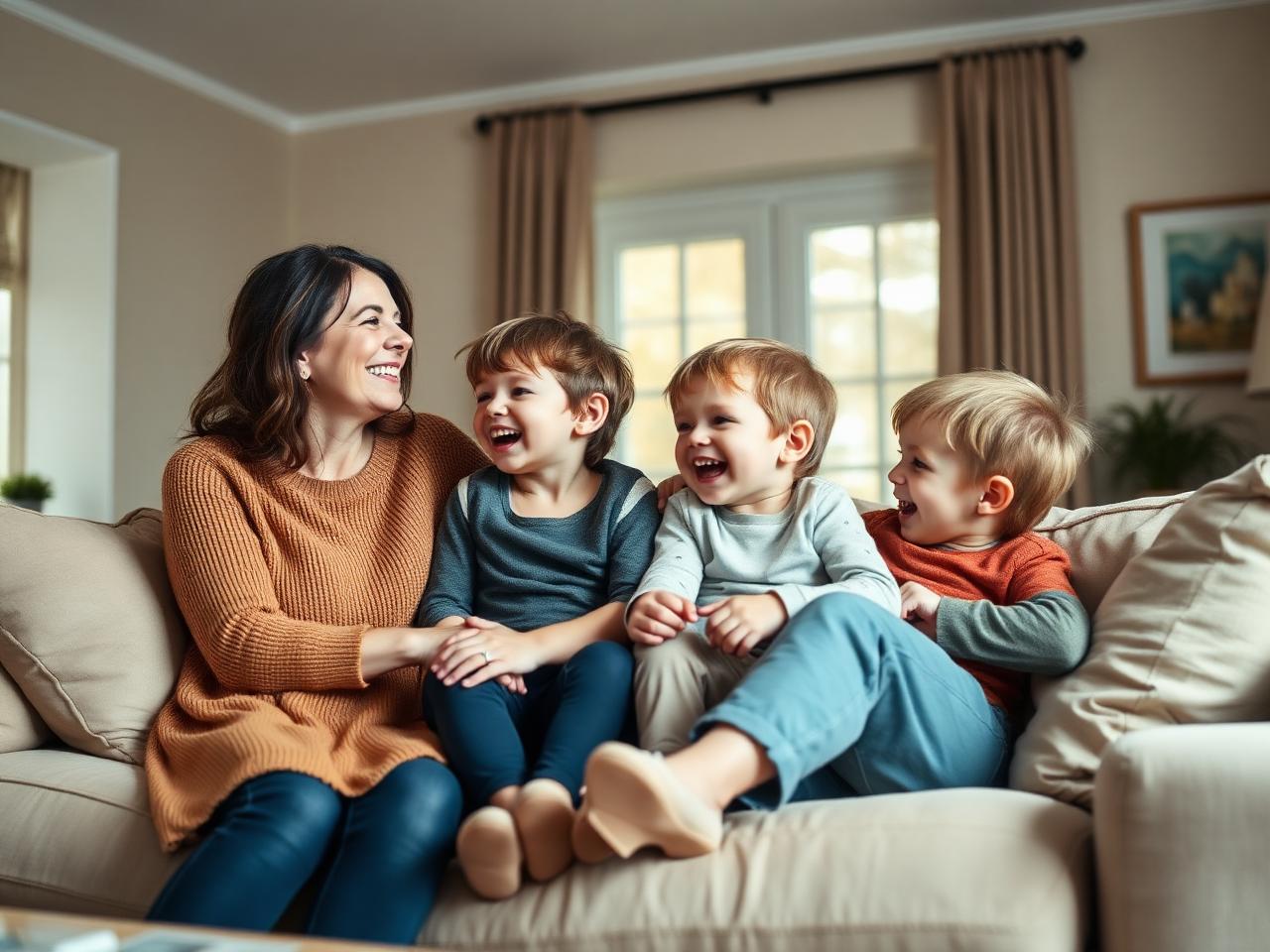 A young UK family laughing together on the sofa at home