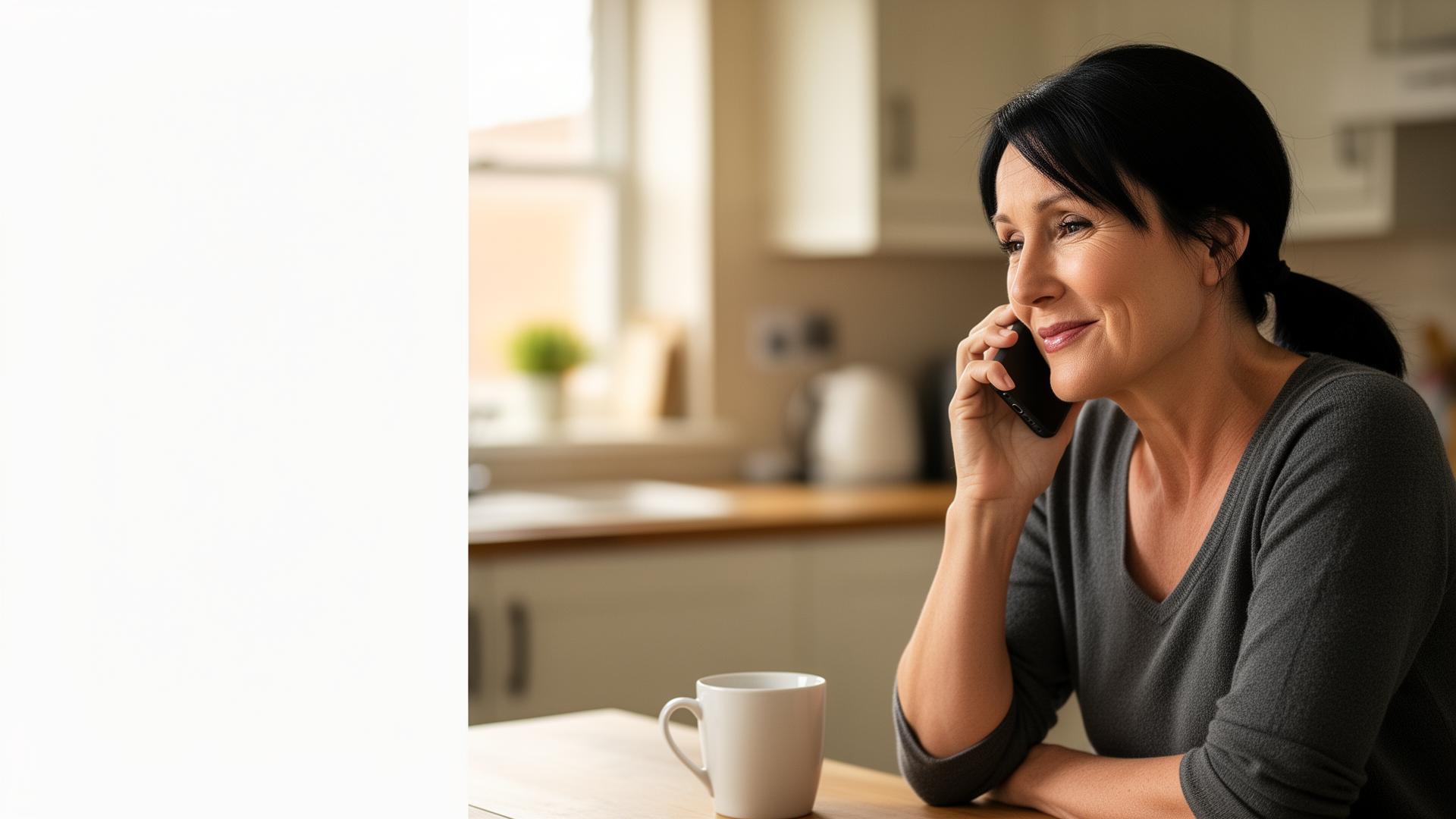 A British woman calmly on the phone at her kitchen table