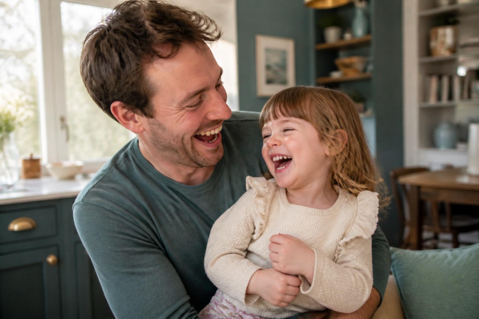 A father laughing with his young daughter in a bright home